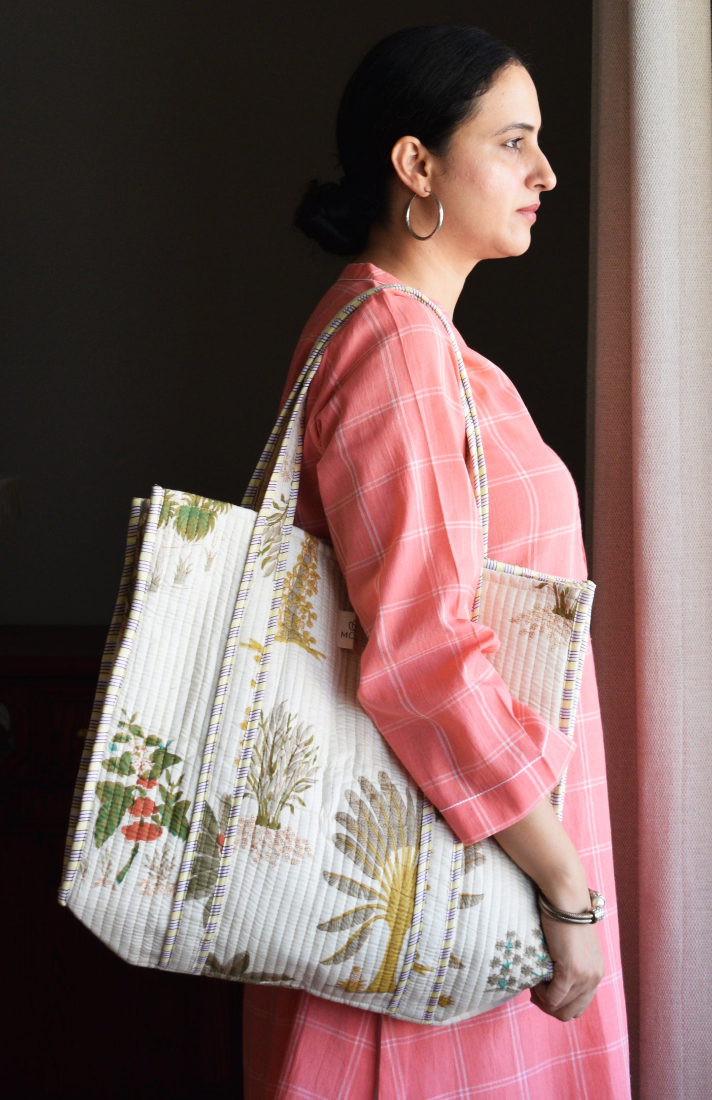 Off white Cotton Printed Quilted Tote Bag