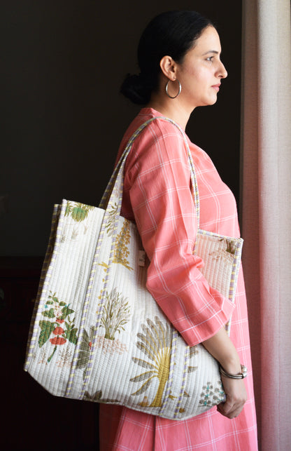 Off white Cotton Printed Quilted Tote Bag