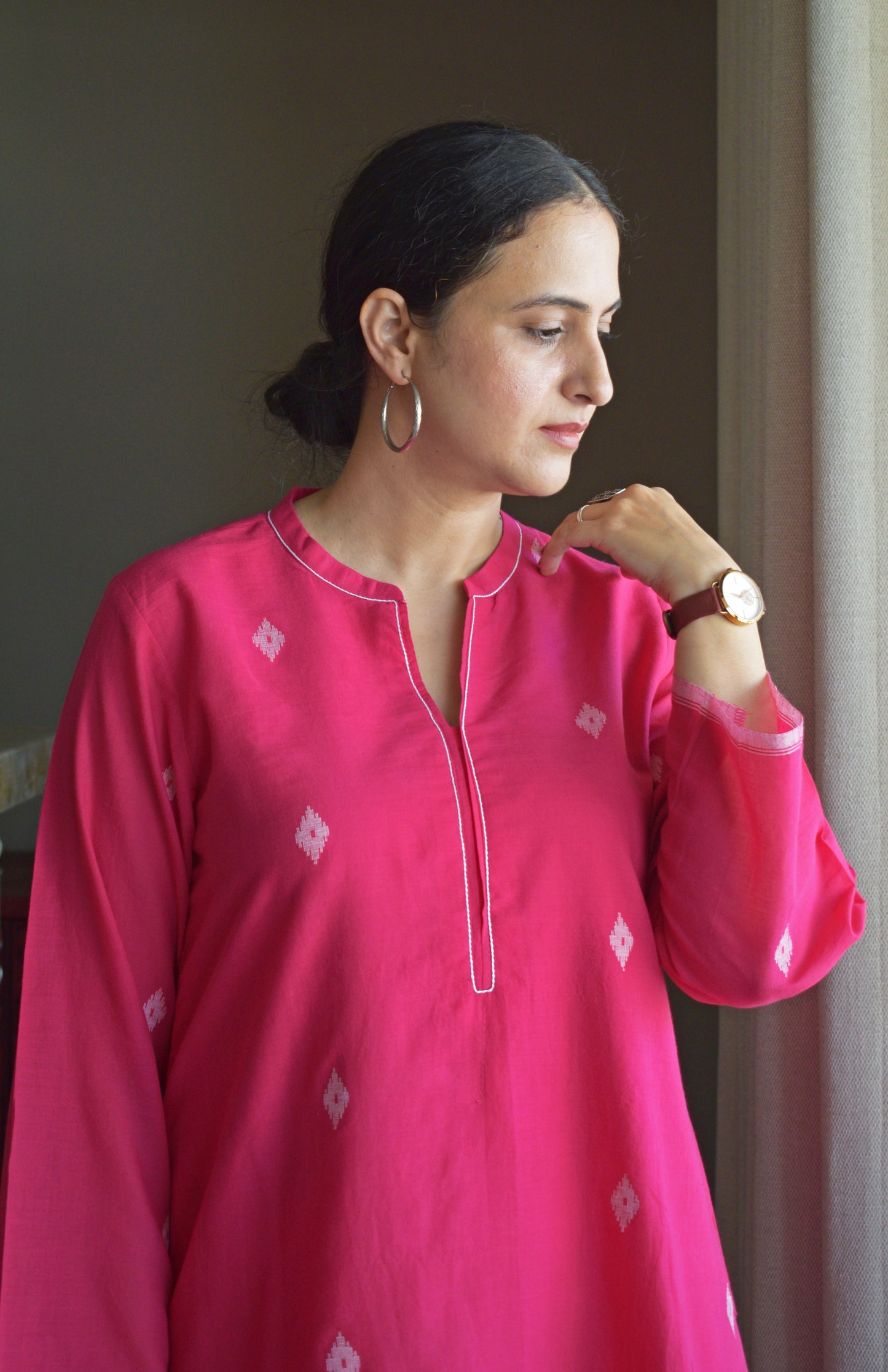 Rani Pink Jamdani Short Kurta with Pleated White Pyjama