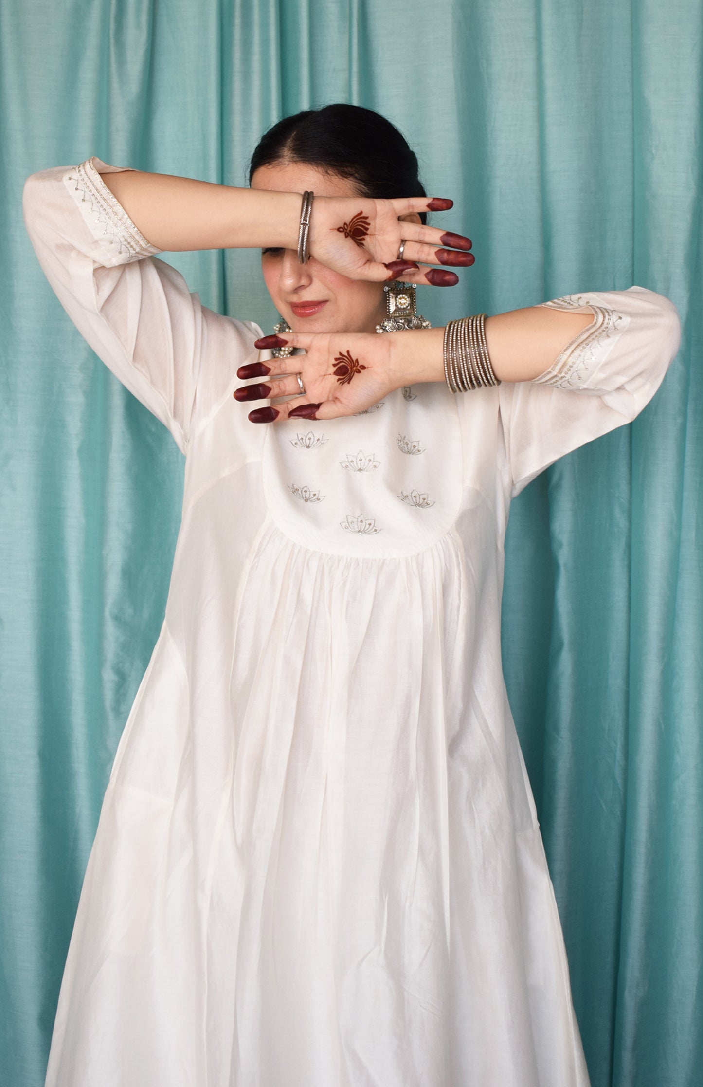 Sufi Chanderi Set with Hand Embroidered Yoke and Wide Legged Pyjama