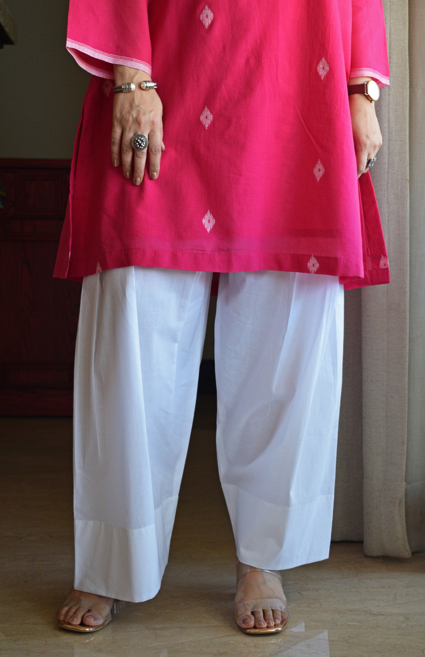 Rani Pink Jamdani Short Kurta with Pleated White Pyjama