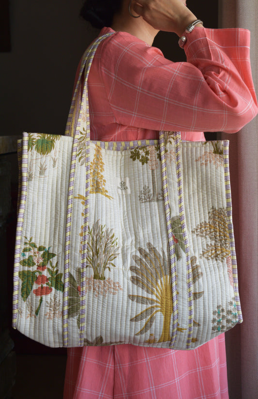 Off white Cotton Printed Quilted Tote Bag