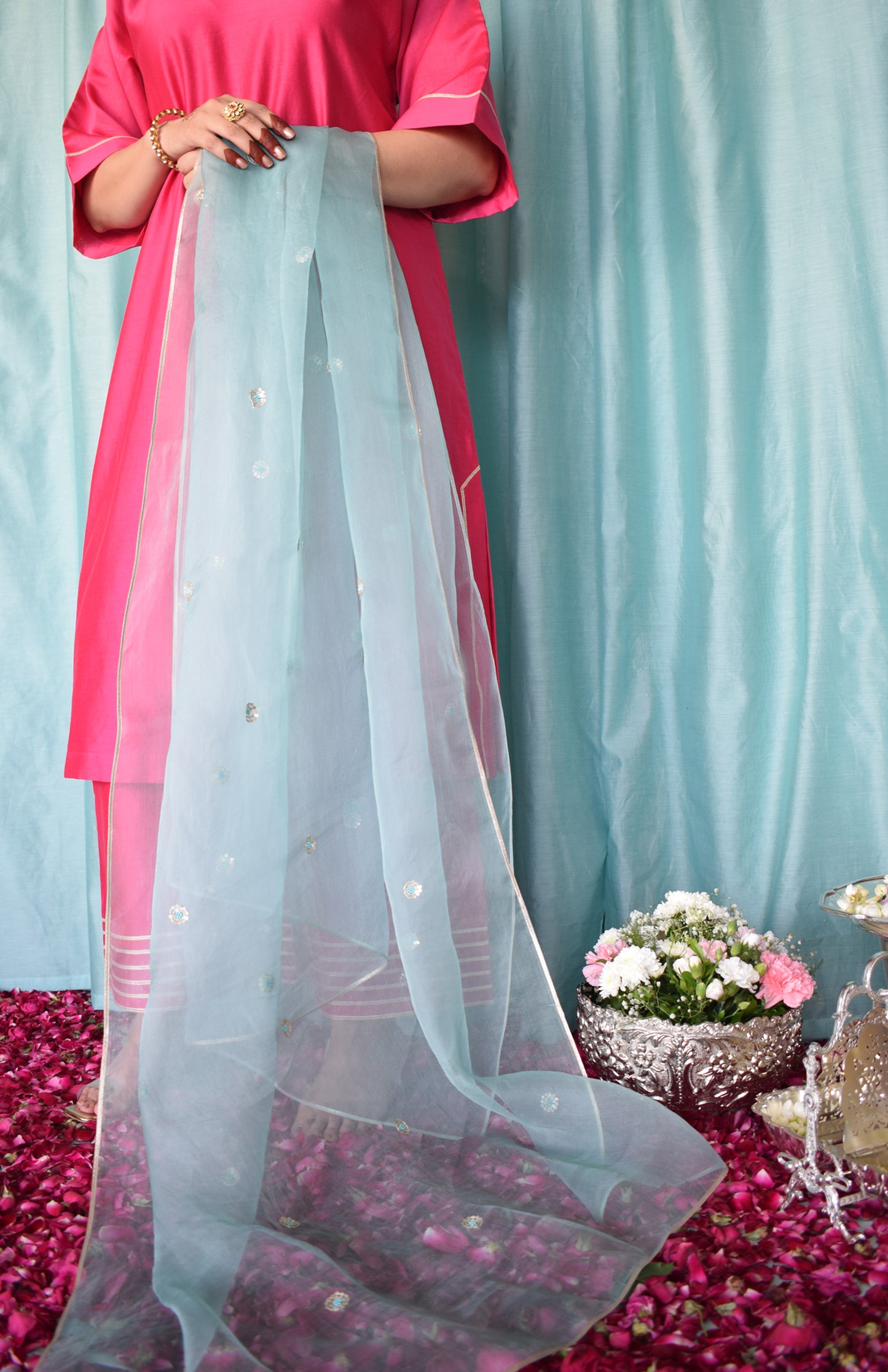 Sea Green Silk Organza Hand Embroidered Dupatta
