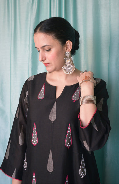 Shyam Chanderi Set with Hand Embroidered A line Kurta and Wide Legged Pyjama