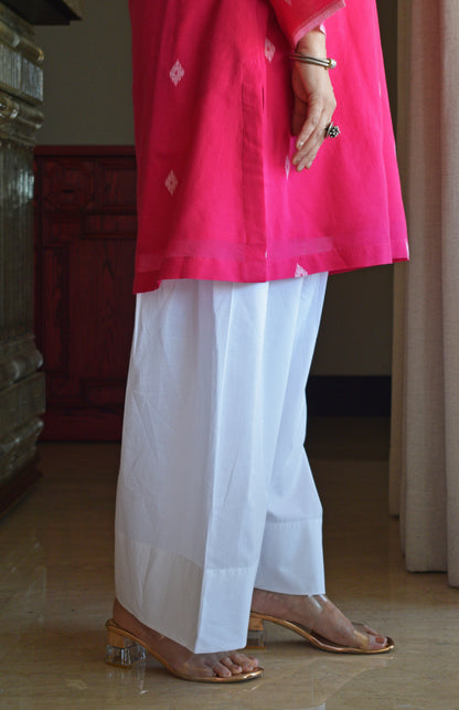Rani Pink Jamdani Short Kurta with Pleated White Pyjama