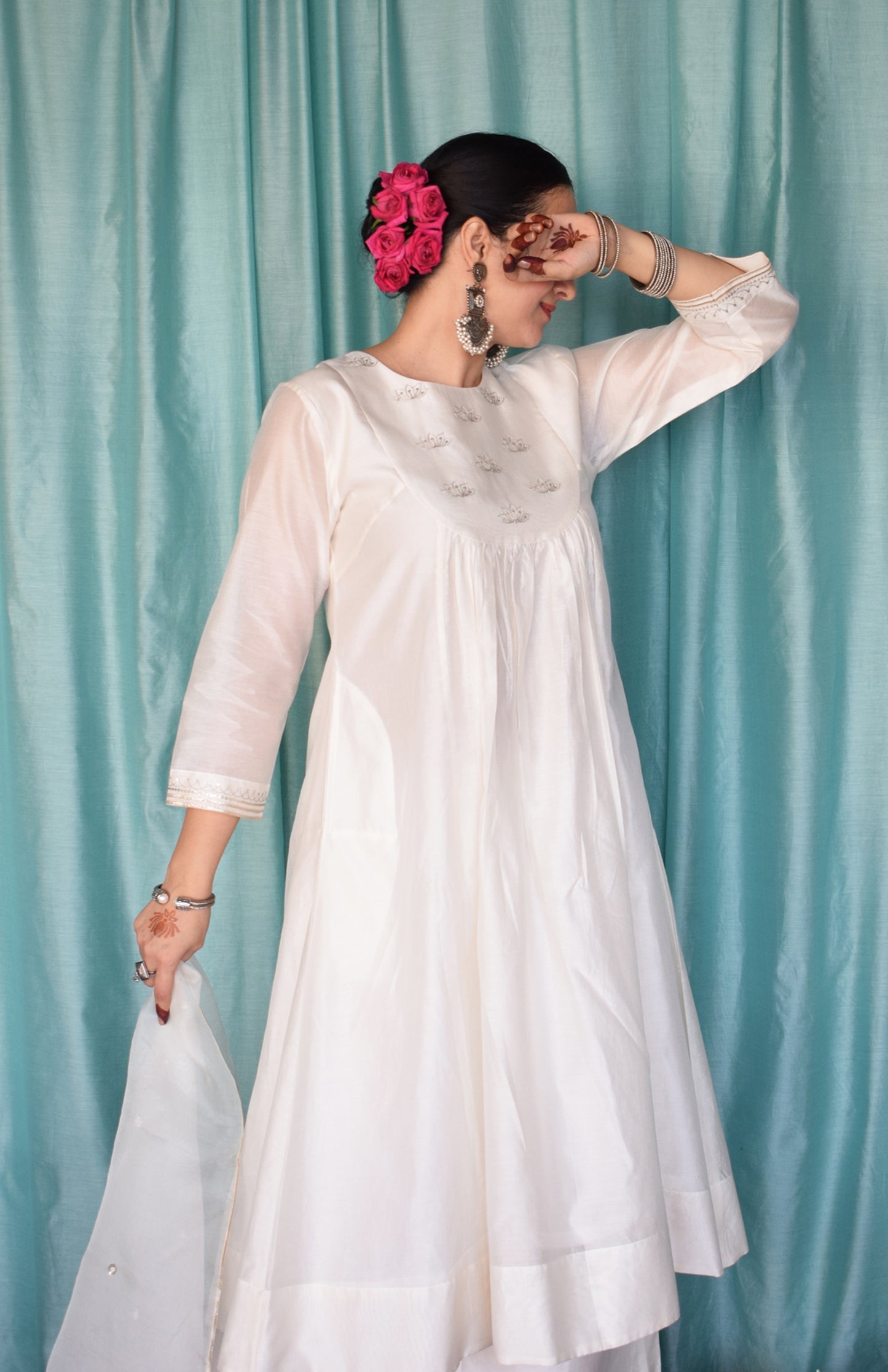 Sufi Chanderi Set with Hand Embroidered Yoke and Wide Legged Pyjama