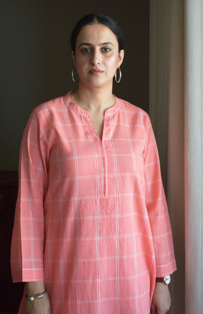 Pink and White Short Kurta in Handwoven Cotton Checks