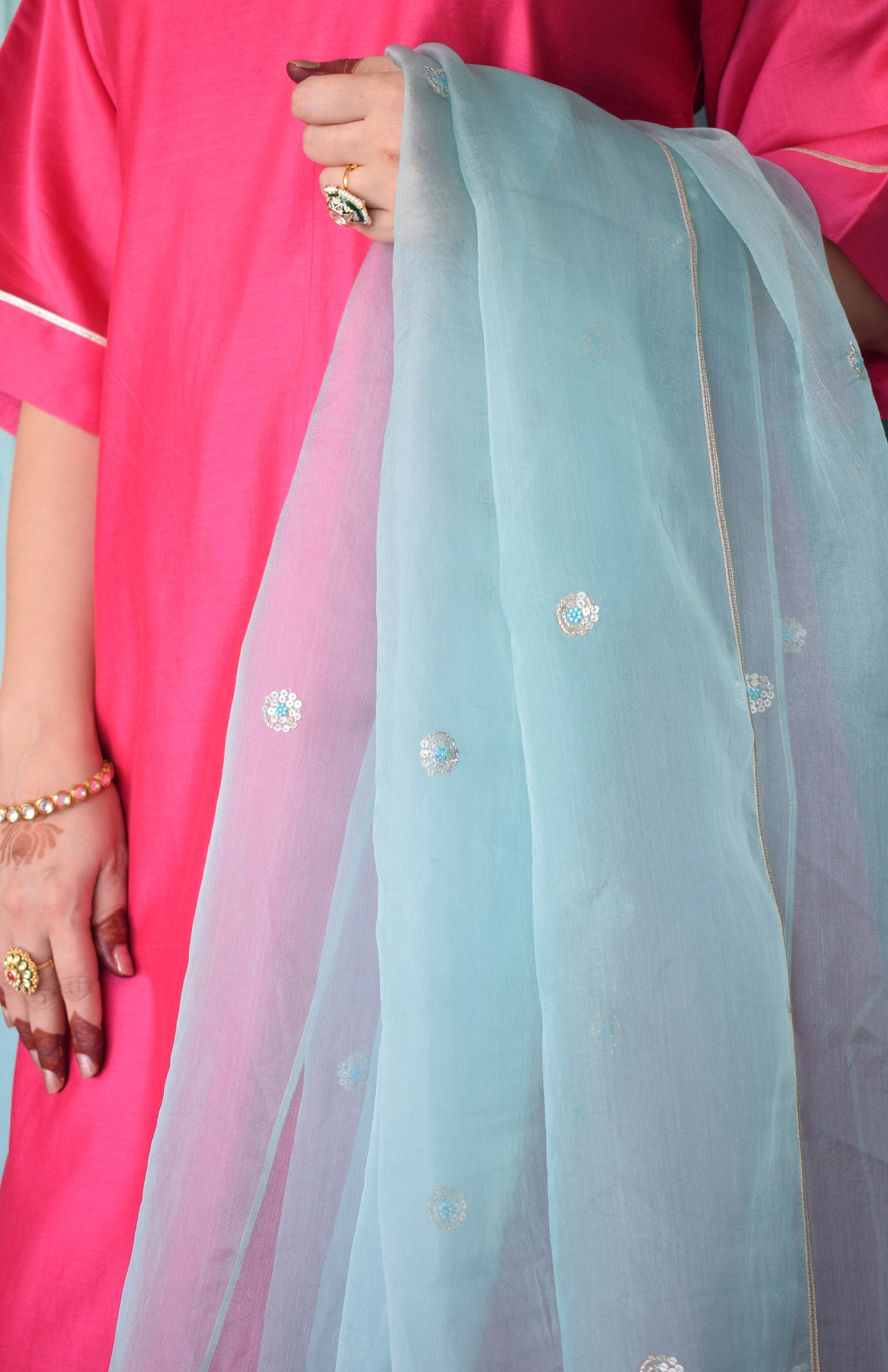 Sea Green Silk Organza Hand Embroidered Dupatta