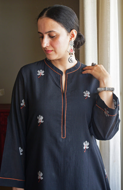 Black Jamdani Short Kurta with Pleated White Pyjama