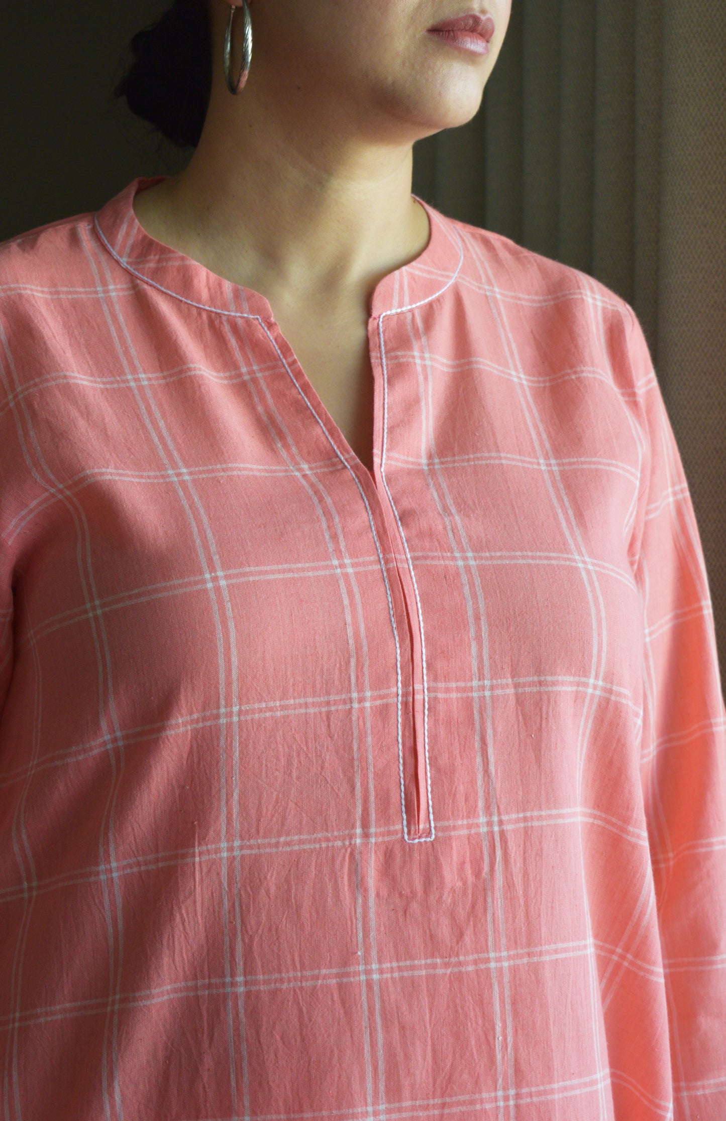Pink and White Short Kurta in Handwoven Cotton Checks