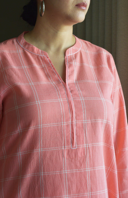 Pink and White Short Kurta in Handwoven Cotton Checks