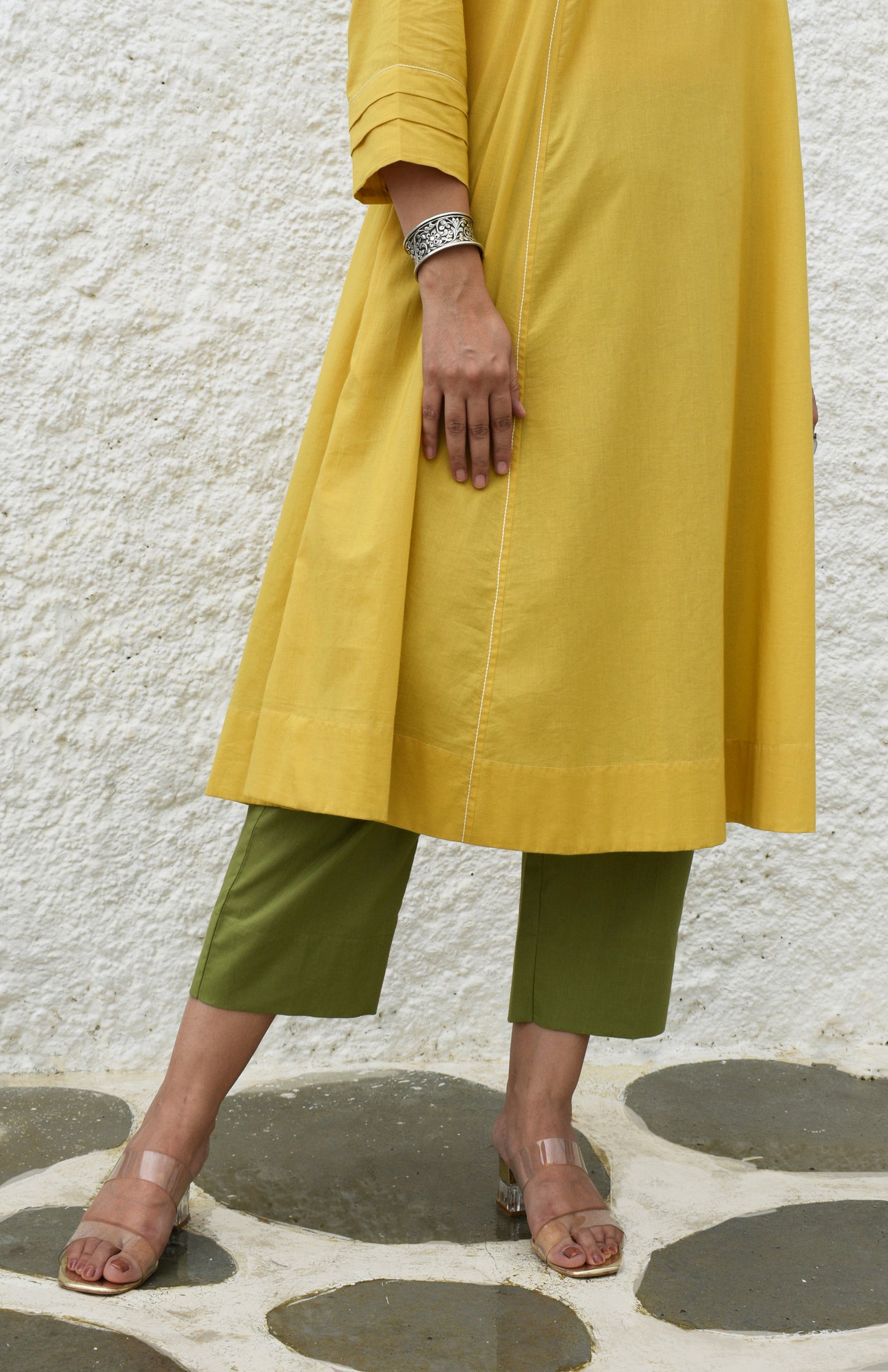 Yellow A line Cotton Kurta with Panels and green pyjama