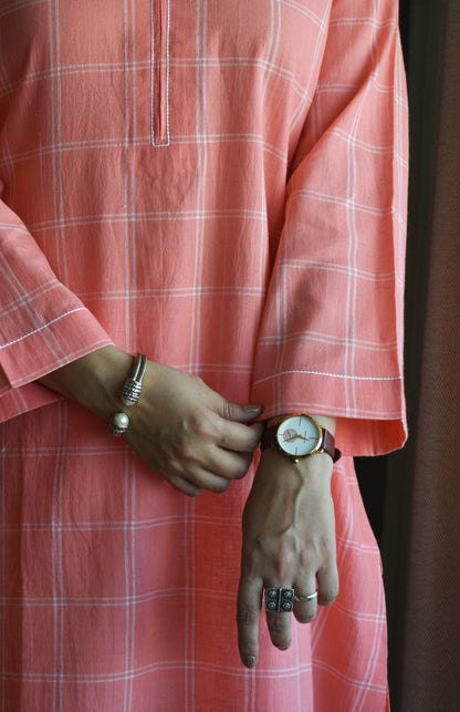 Pink and White Short Kurta in Handwoven Cotton Checks