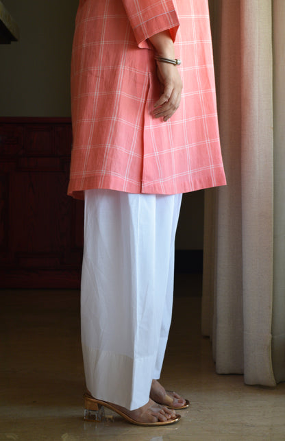 Pink and White Short Kurta in Handwoven Cotton Checks