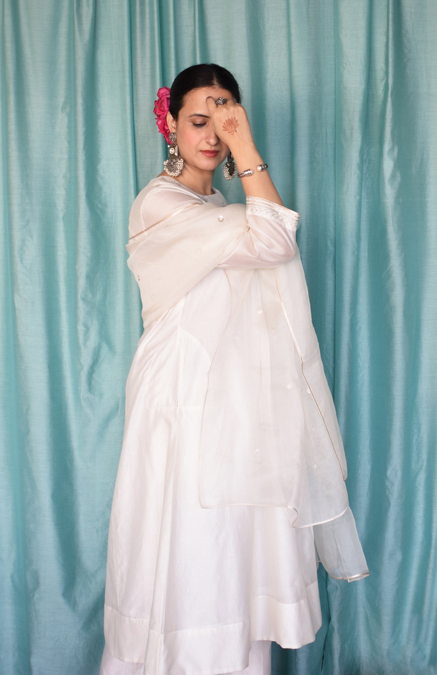 Sufi Chanderi Set with Hand Embroidered Yoke and Wide Legged Pyjama