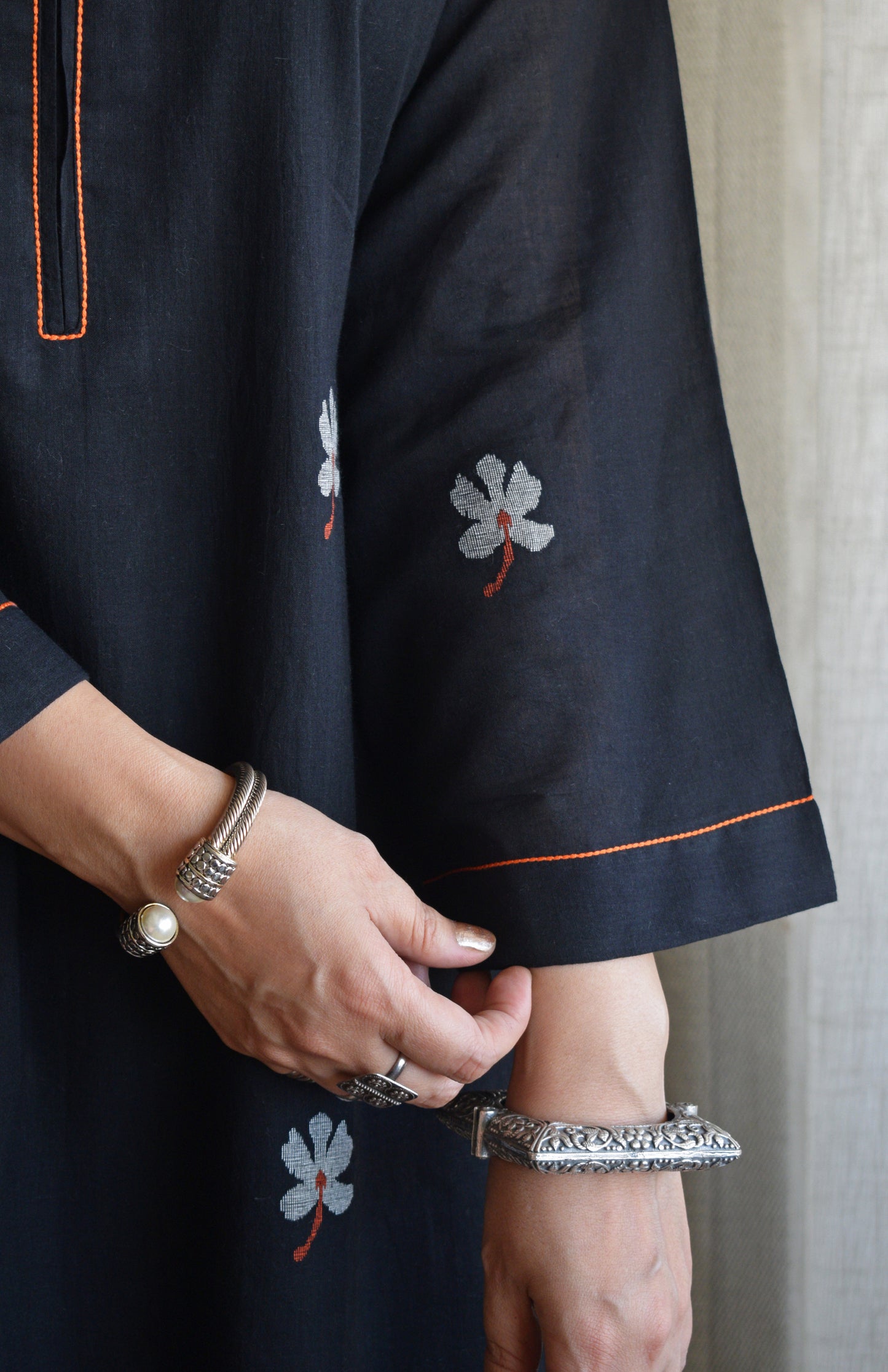 Black Jamdani Short Kurta with Pleated White Pyjama