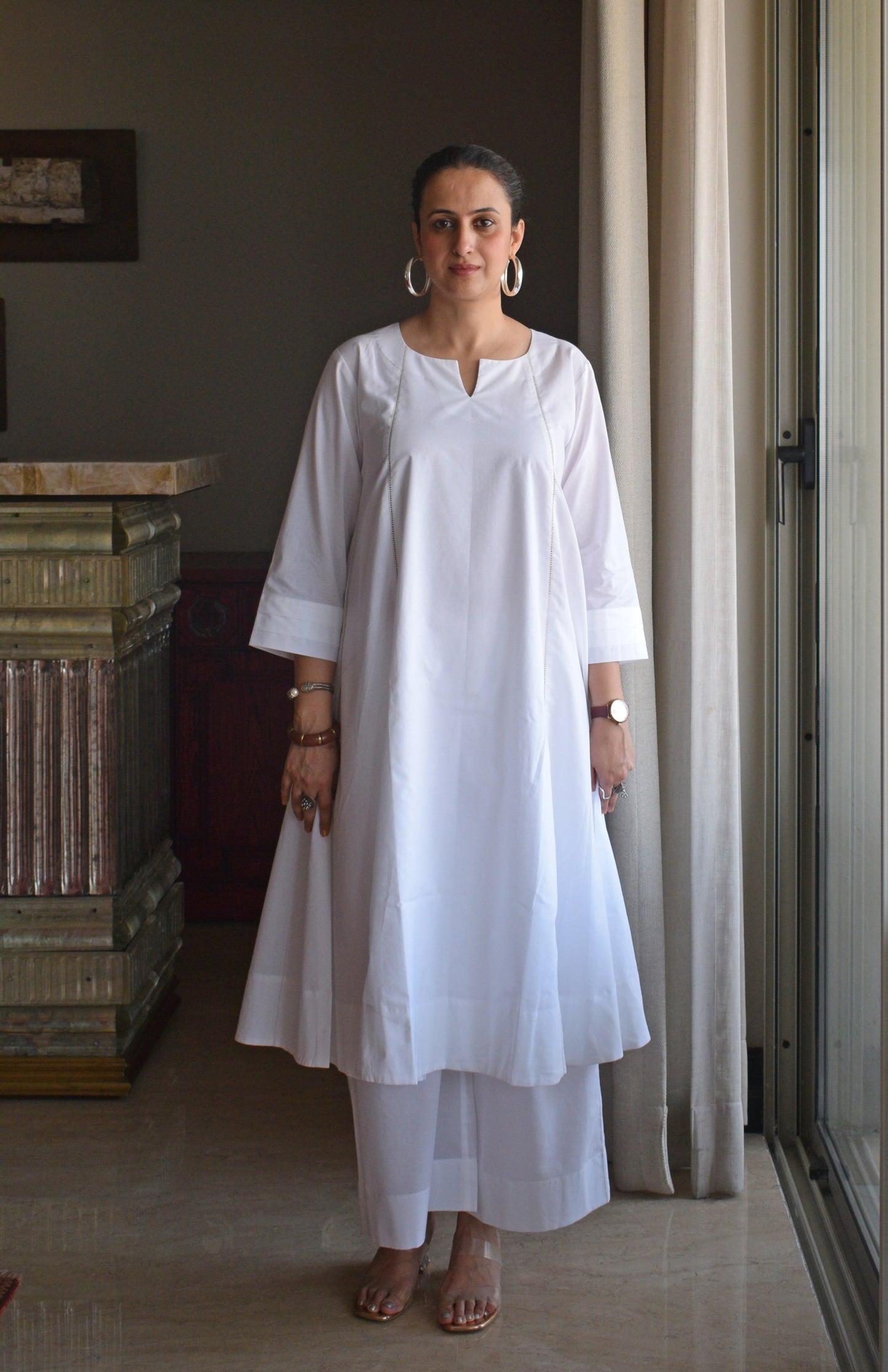 White A line Cotton Kurta with Panels and pajama