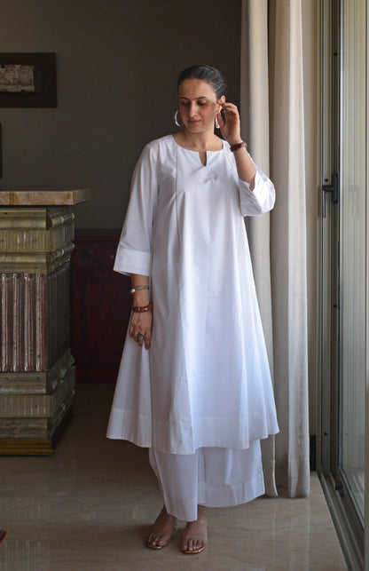 White A line Cotton Kurta with Panels and pajama