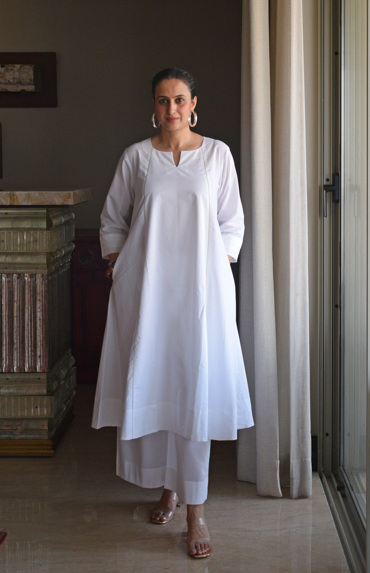 White A line Cotton Kurta with Panels and pajama