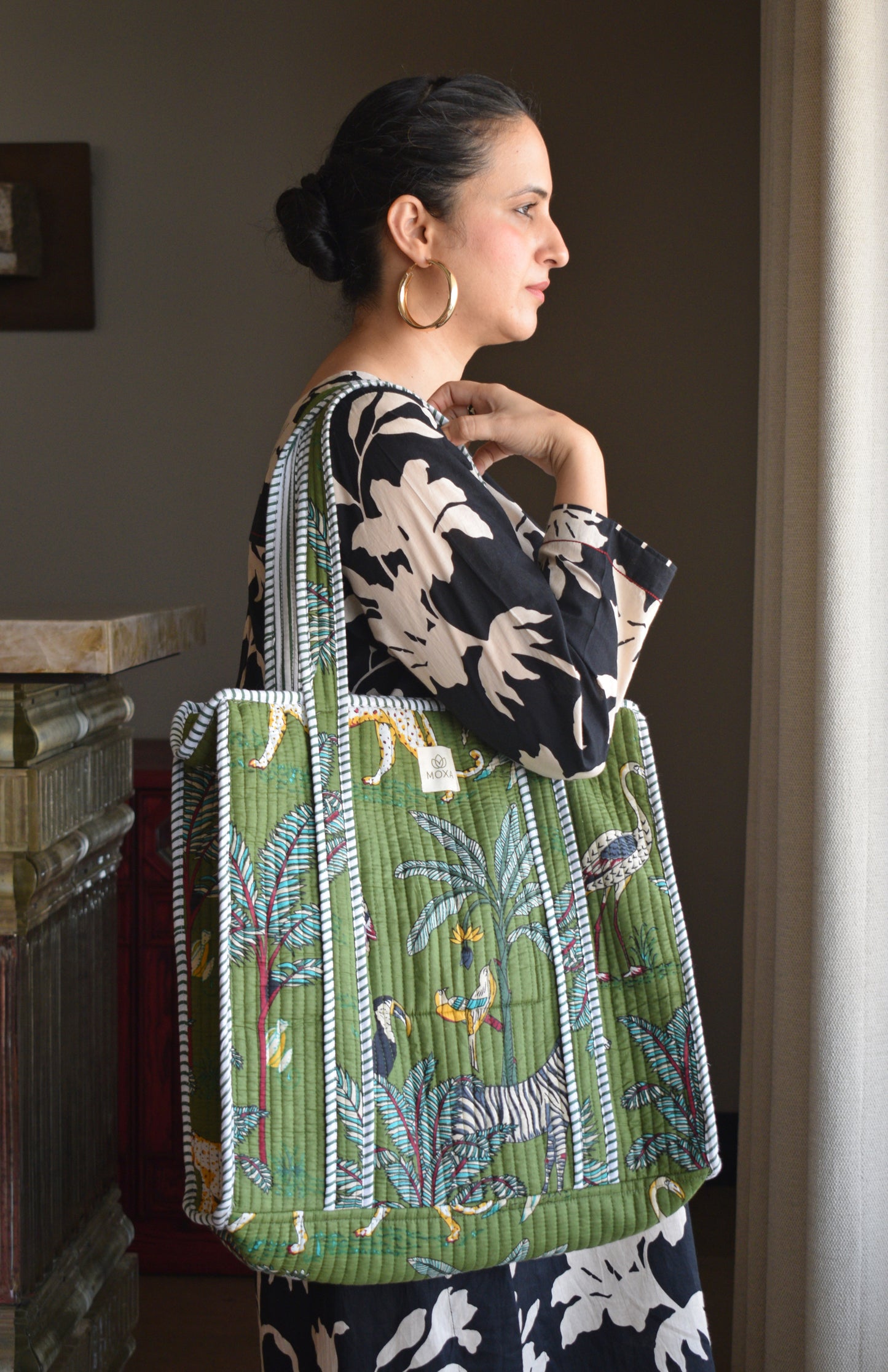 Dark Green Cotton Printed Quilted Tote Bag
