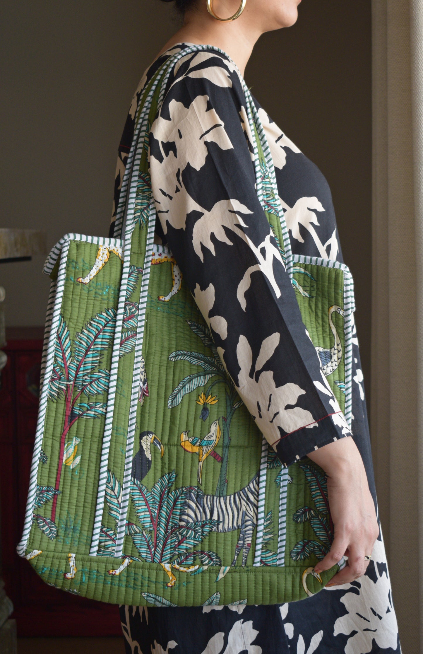 Dark Green Cotton Printed Quilted Tote Bag