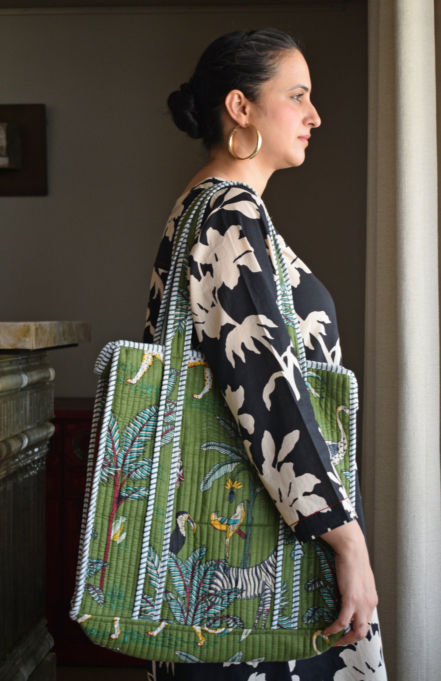Dark Green Cotton Printed Quilted Tote Bag