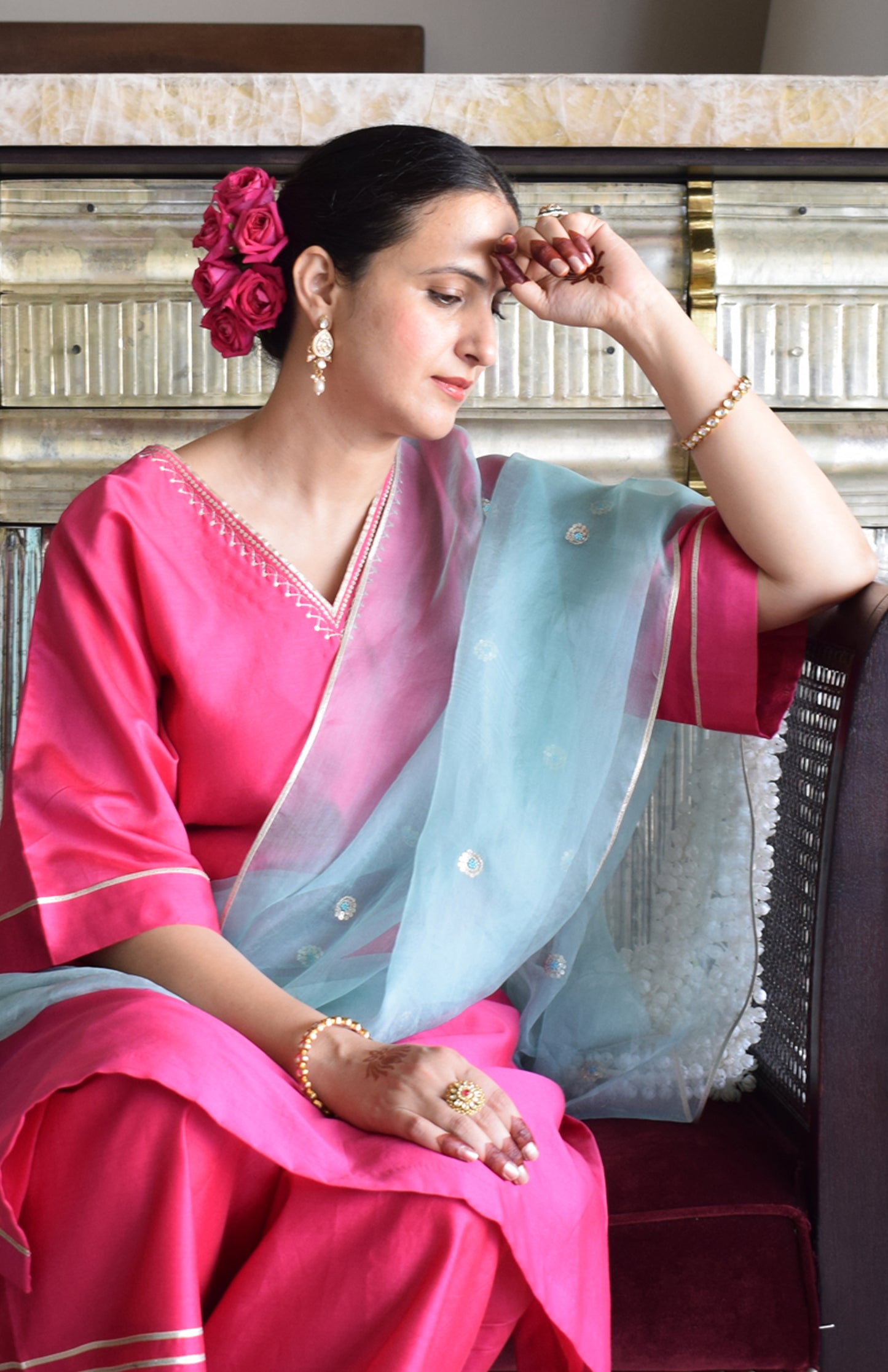 Sea Green Silk Organza Hand Embroidered Dupatta