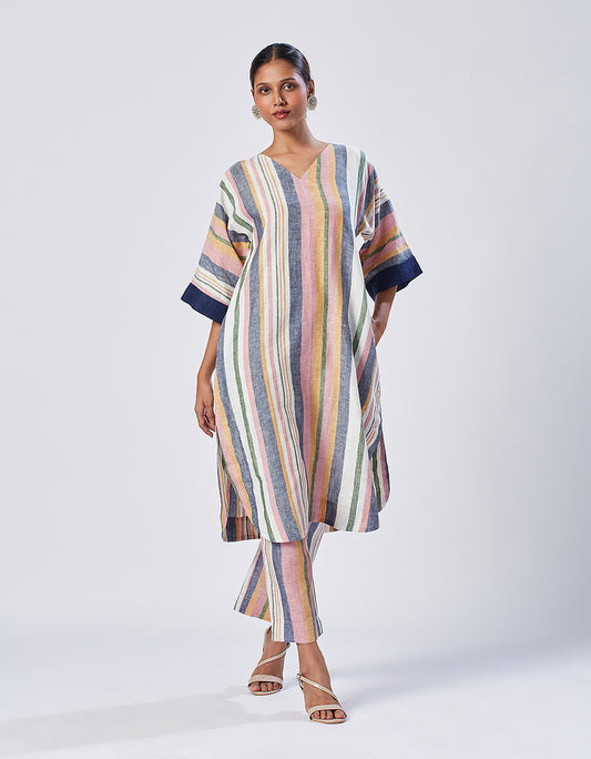 Multicolor Striped Linen Choga and Pyjama