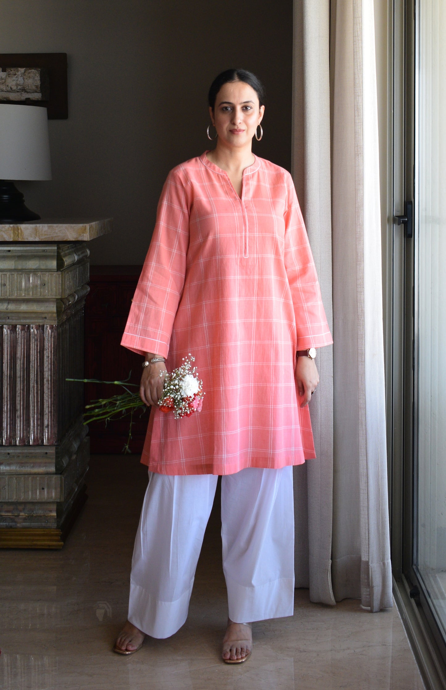Pink and White Short Kurta in Handwoven Cotton Checks