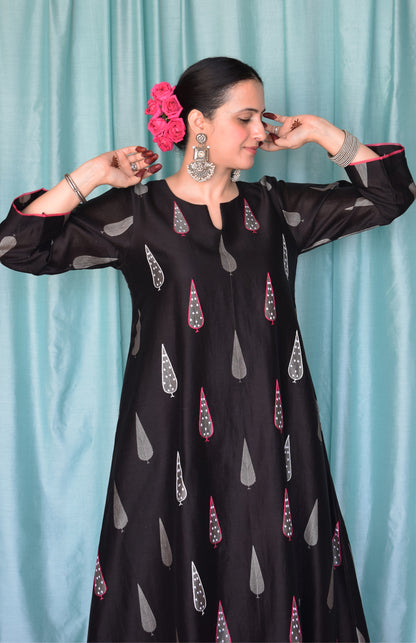 Shyam Chanderi Set with Hand Embroidered A line Kurta and Wide Legged Pyjama