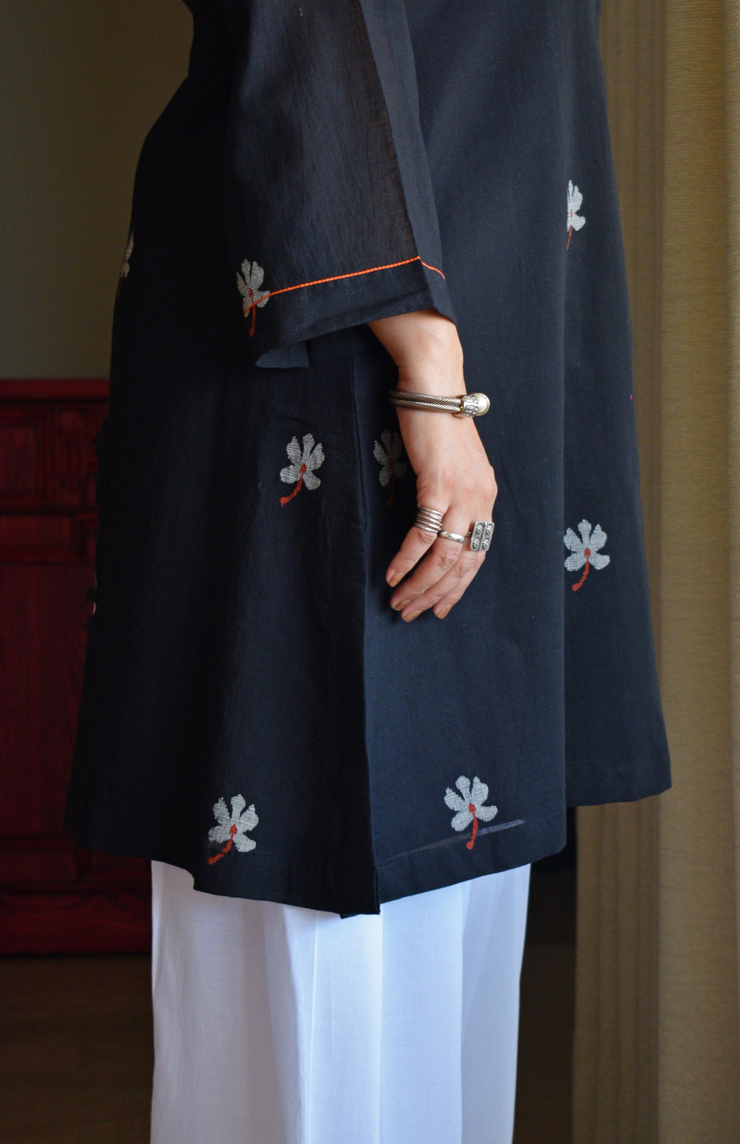Black Jamdani Short Kurta with Pleated White Pyjama