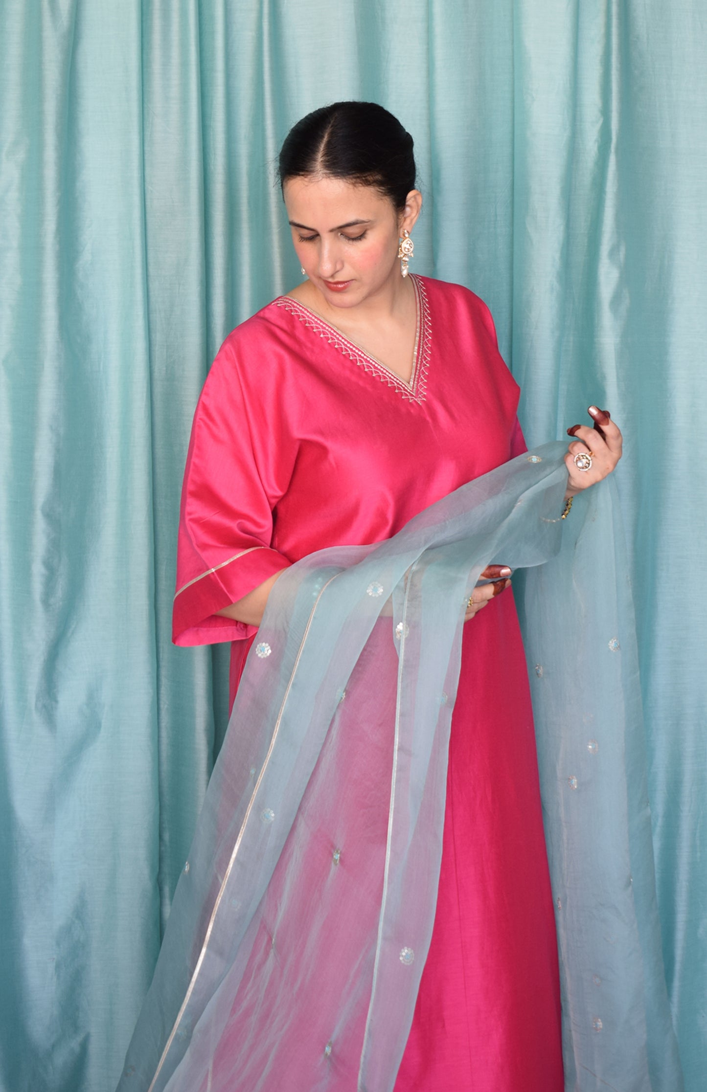 Sea Green Silk Organza Hand Embroidered Dupatta