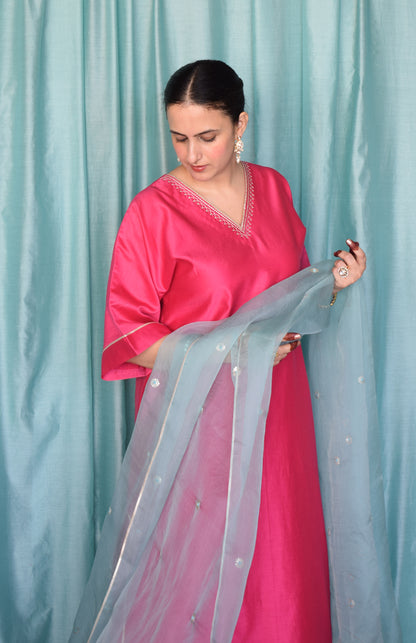 Sea Green Silk Organza Hand Embroidered Dupatta