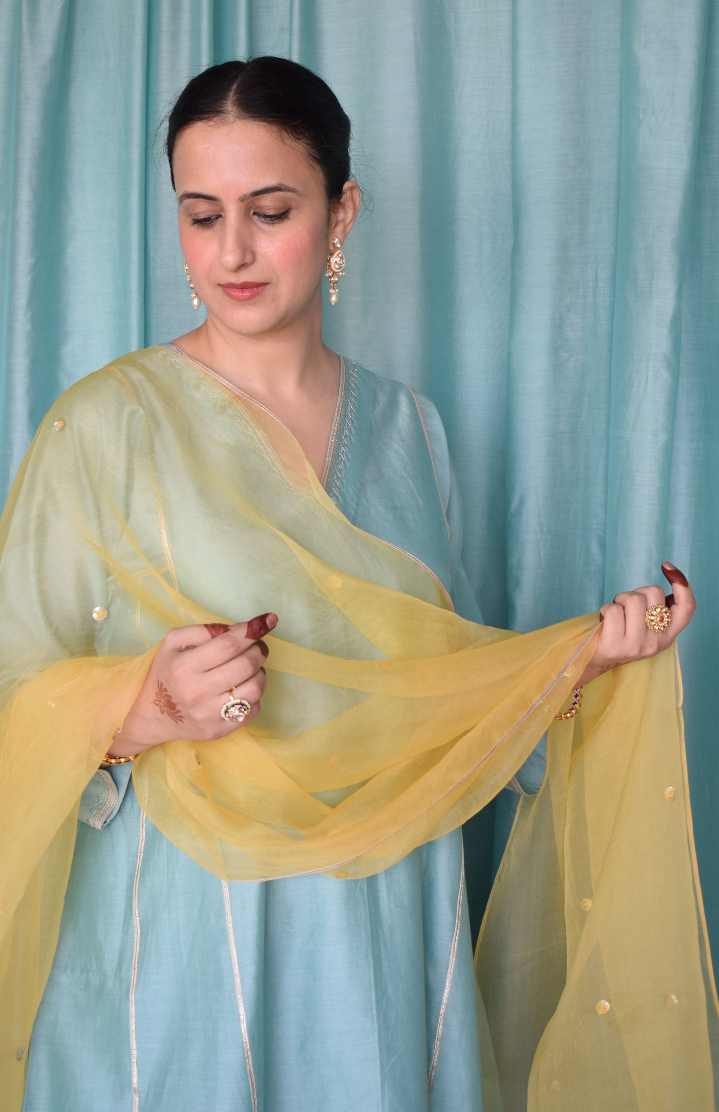 Yellow Silk Organza Hand Embroidered Dupatta