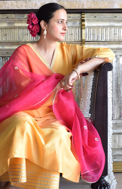 Kanak Chanderi Set with Hand Embroidered A line Kurta and Wide Legged Pyjama