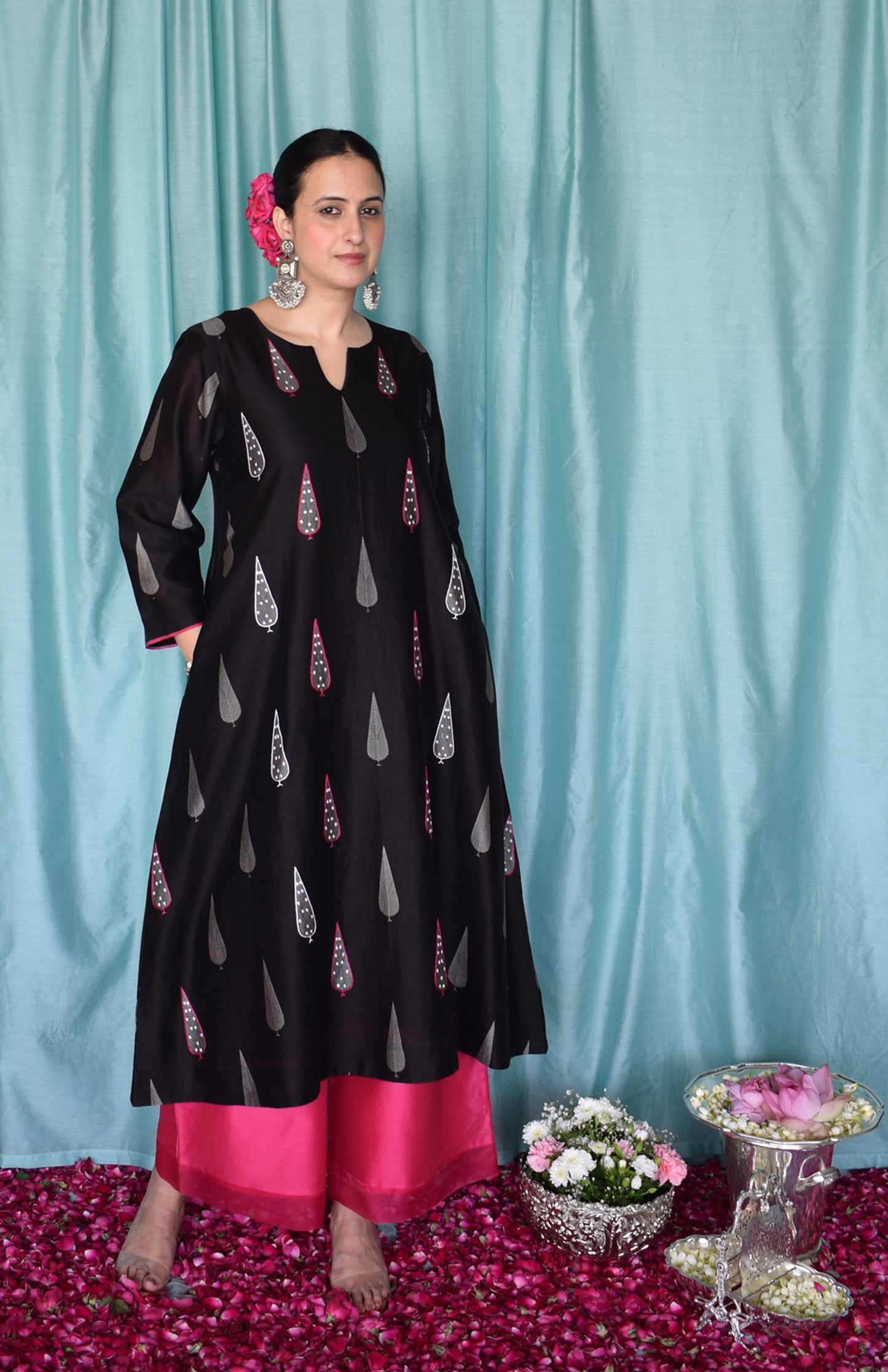Shyam Chanderi Set with Hand Embroidered A line Kurta and Wide Legged Pyjama