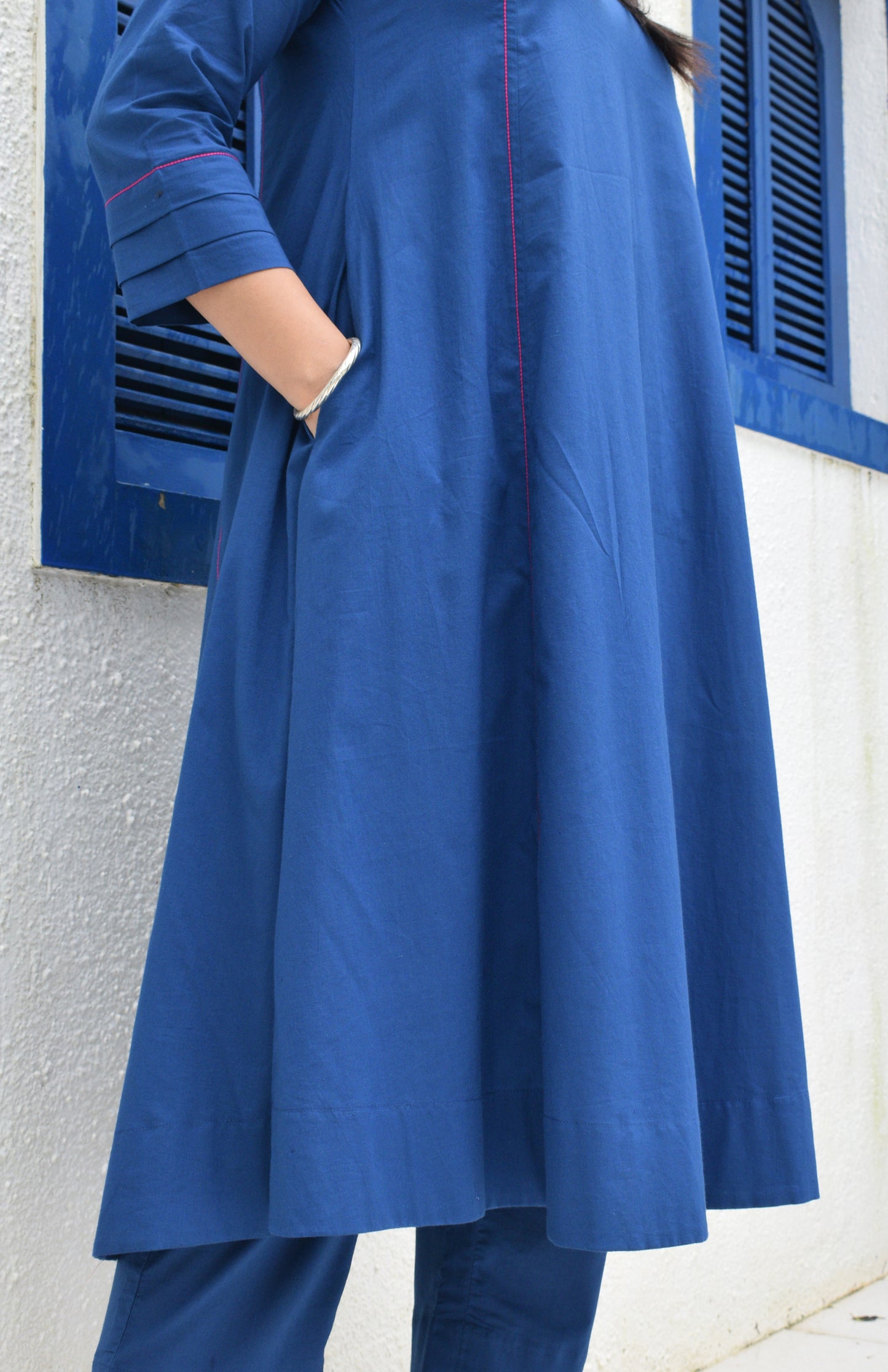 Midnight blue A line cotton kurta with panels