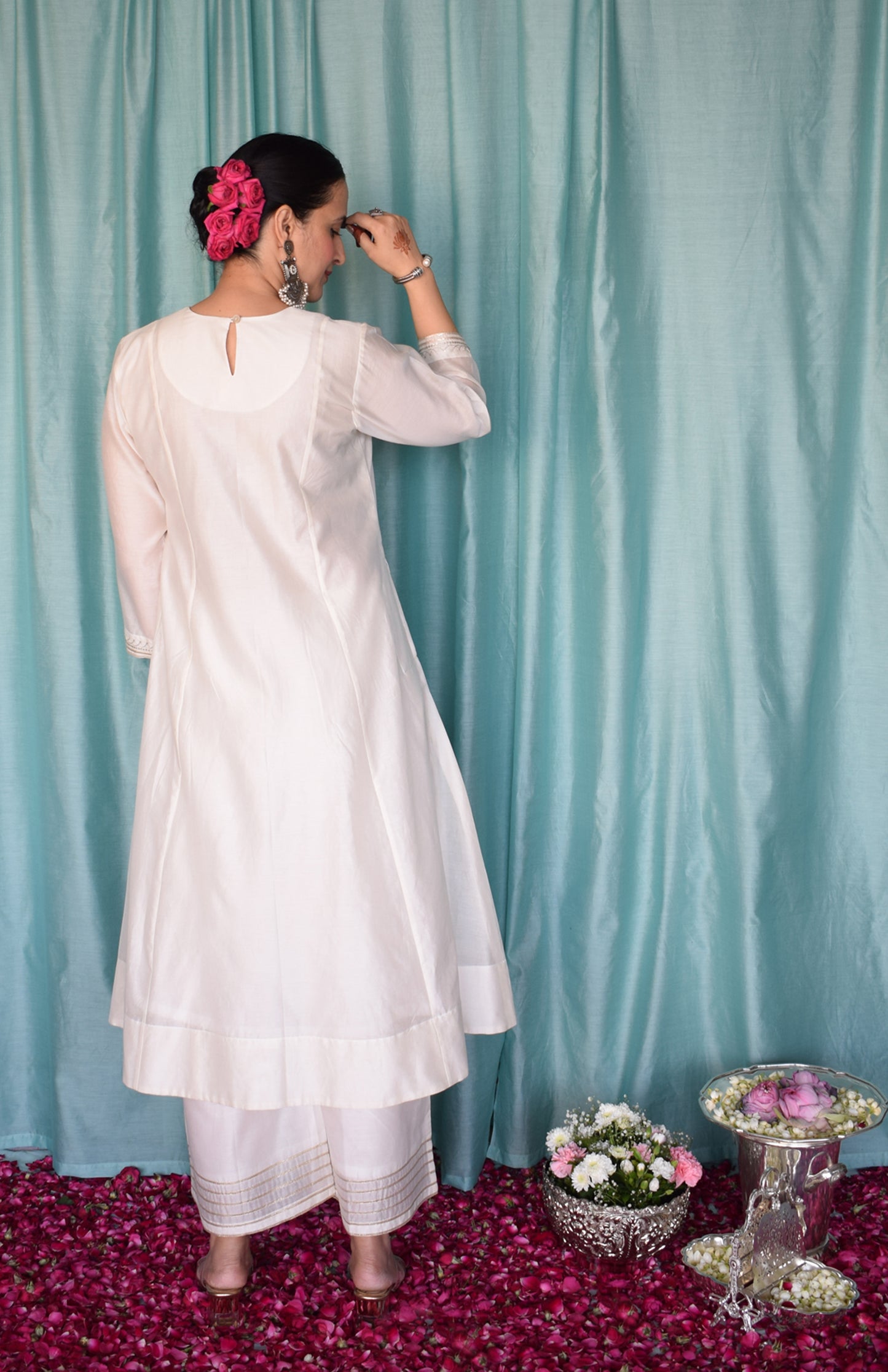 Sufi Chanderi Set with Hand Embroidered Yoke and Wide Legged Pyjama