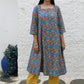 Blue block printed Flared Cotton Kurta with square neck