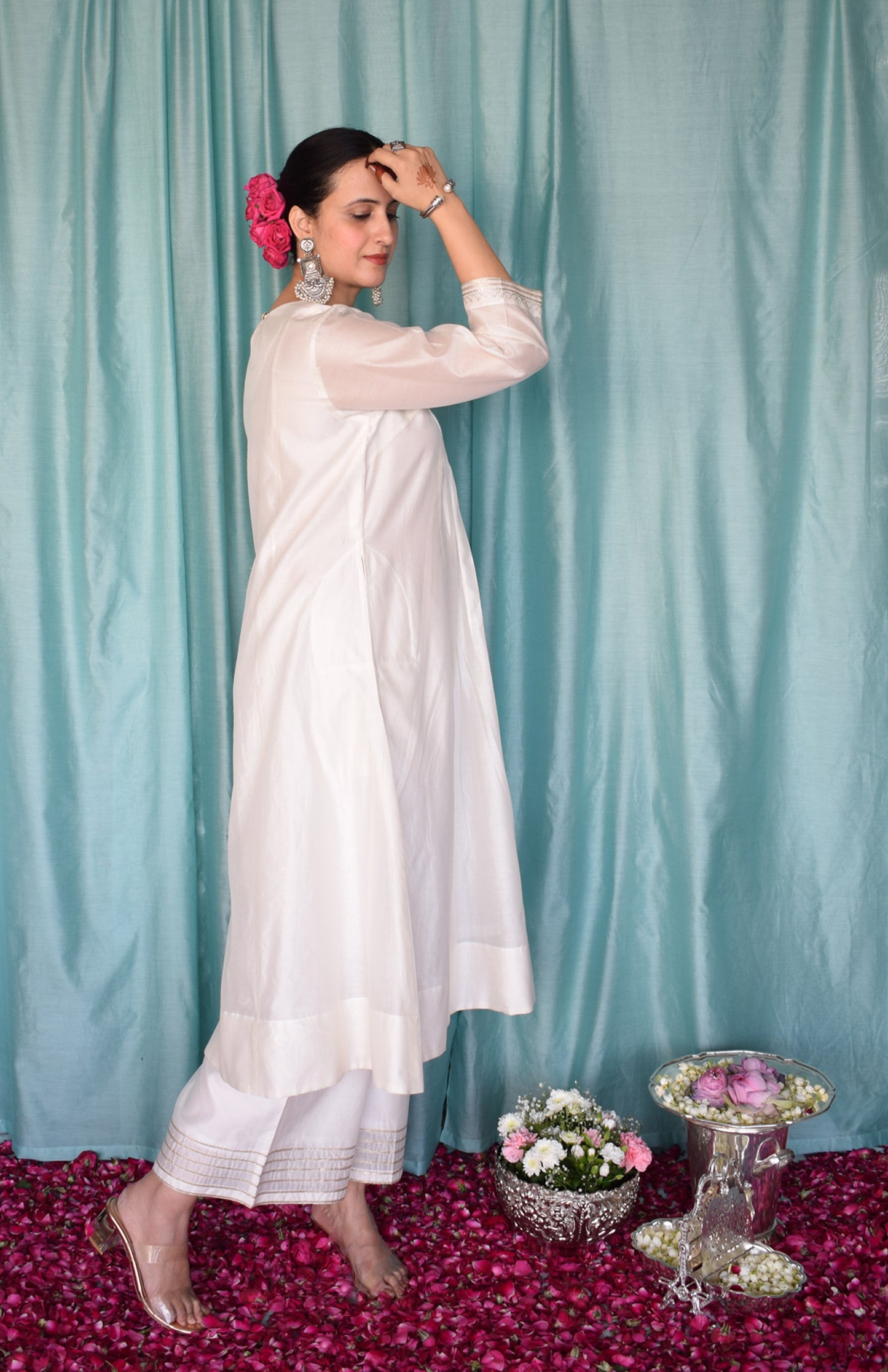 Sufi Chanderi Set with Hand Embroidered Yoke and Wide Legged Pyjama