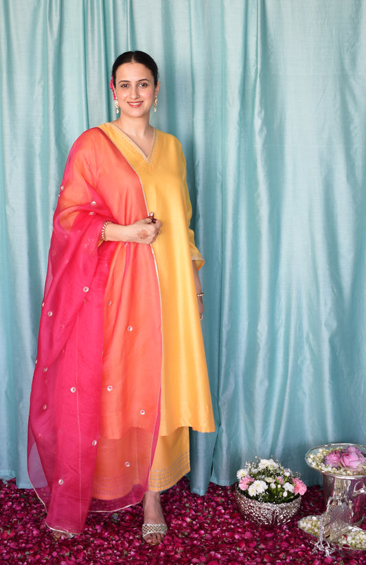 Kanak Chanderi Set with Rani Pink Silk Organza Dupatta