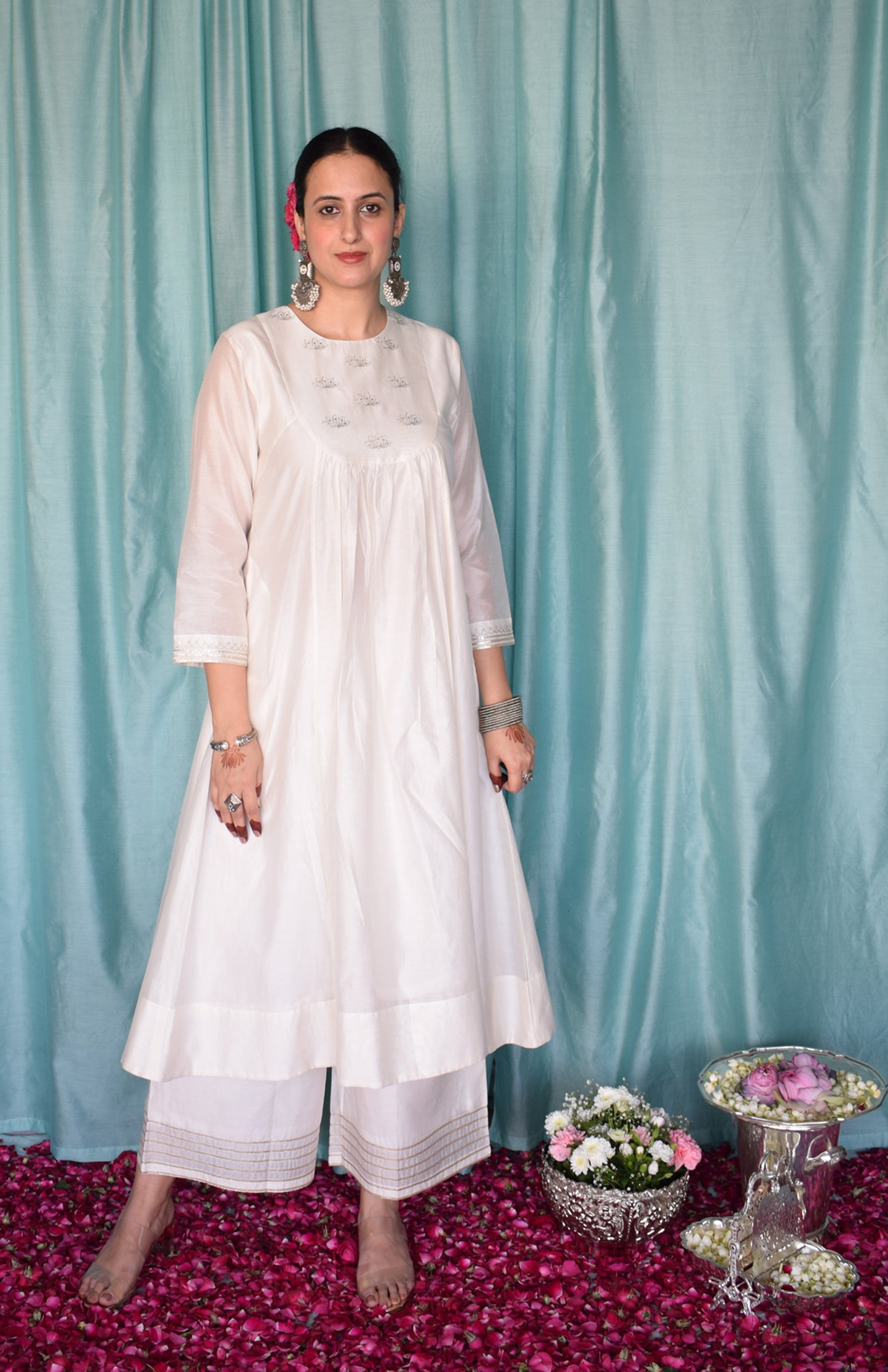 Sufi Chanderi Set with Hand Embroidered Yoke and Wide Legged Pyjama
