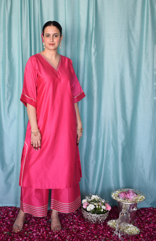 Rohini Chanderi Set with Hand Embroidered Choga Kurta and Wide Legged Pyjama