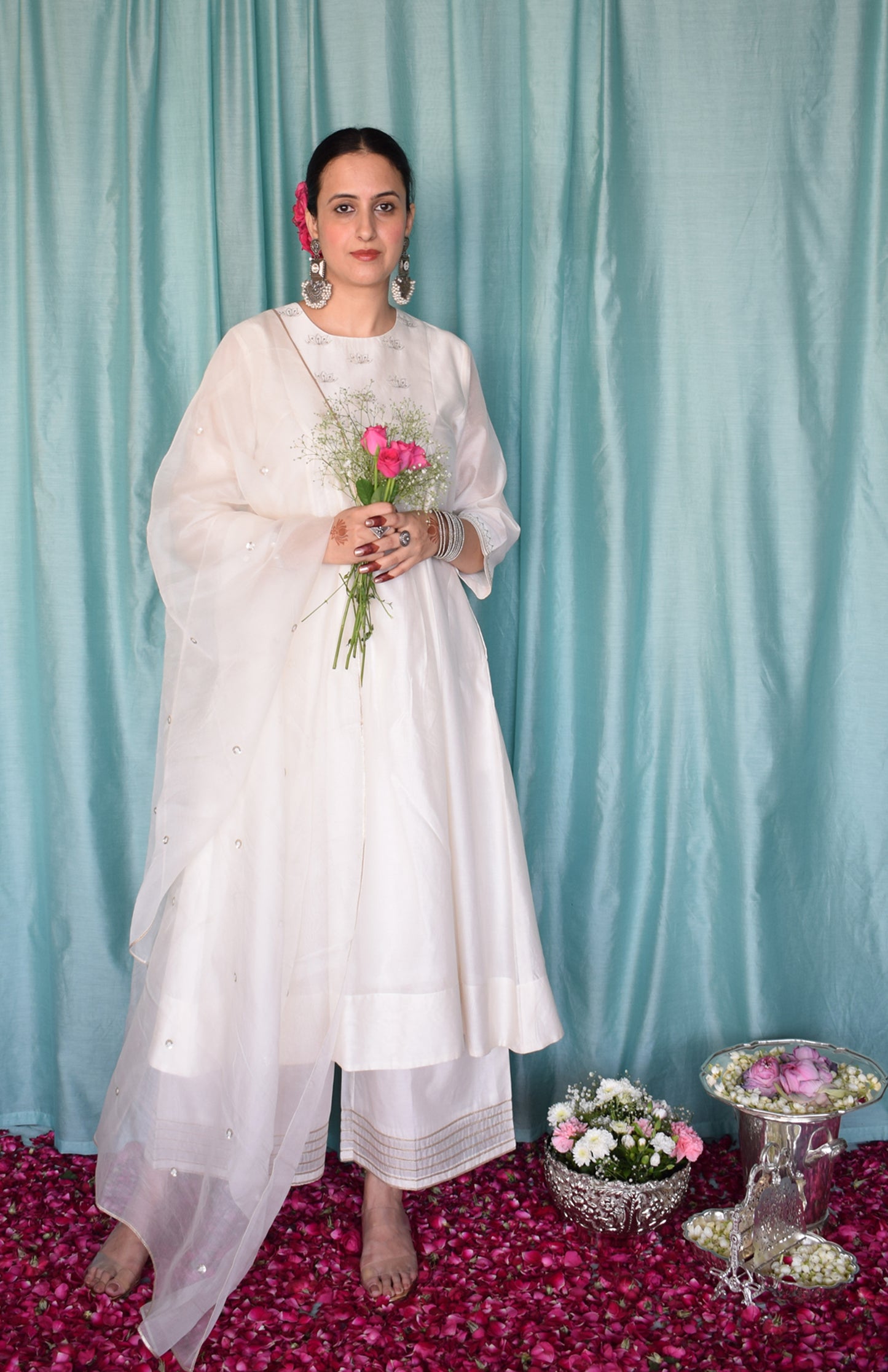 Sufi Chanderi Set with Hand Embroidered Yoke and Wide Legged Pyjama