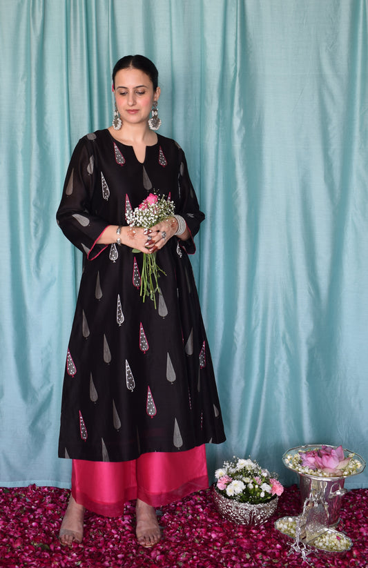 Shyam Chanderi Set with Hand Embroidered A line Kurta and Wide Legged Pyjama