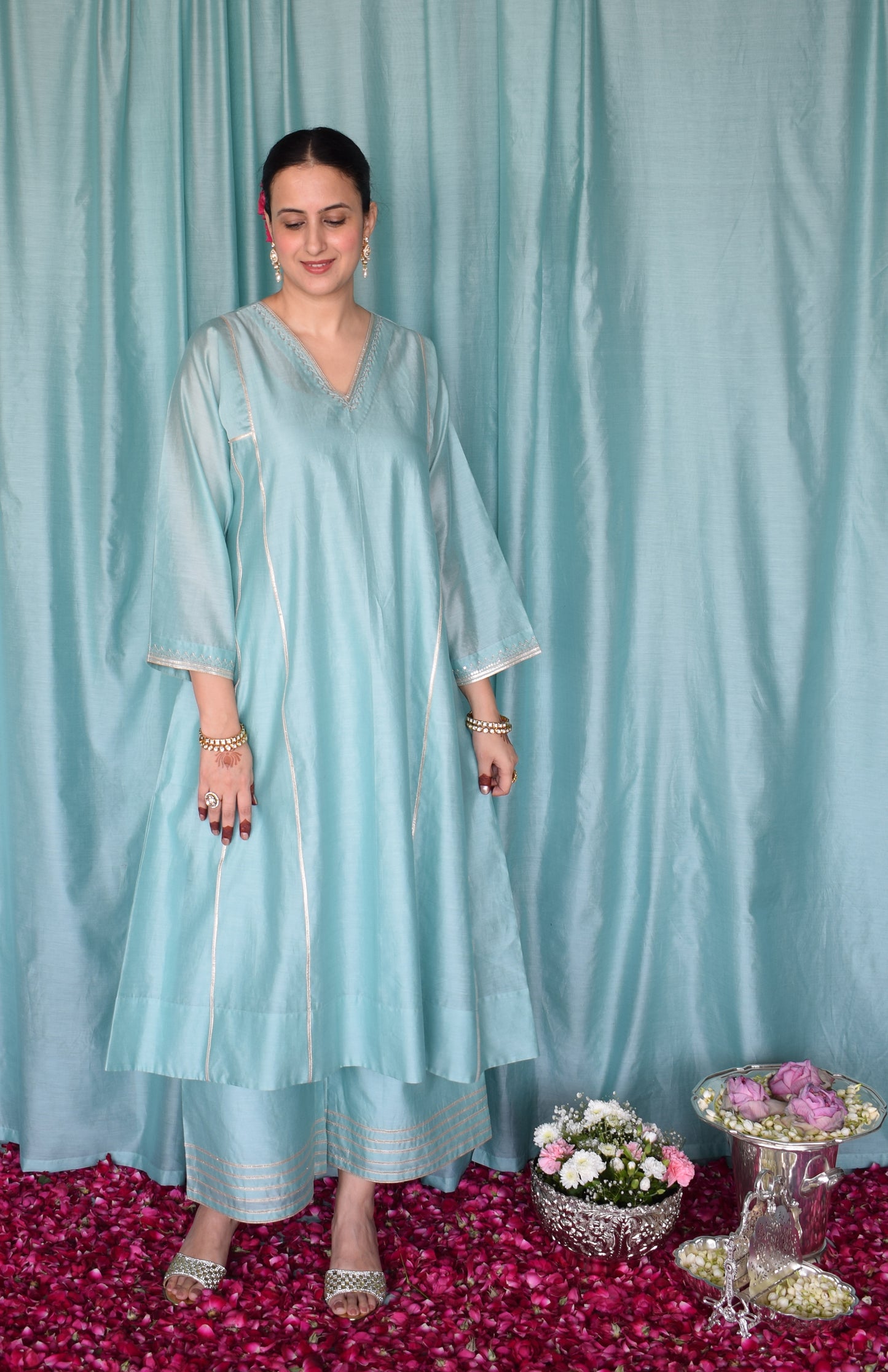 Meher Chanderi Set with Hand Embroidered Phiran Kurta and Wide Legged Pyjama