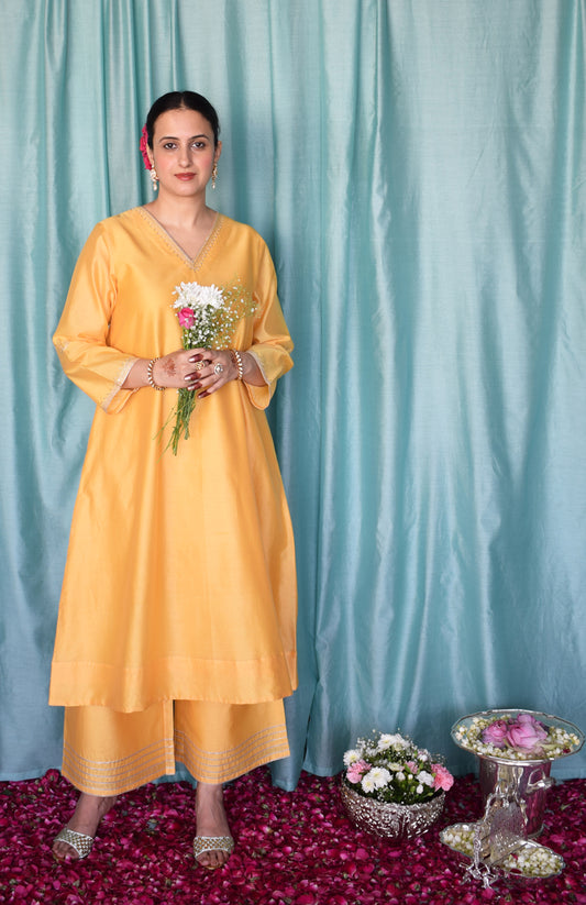 Kanak Chanderi Set with Hand Embroidered A line Kurta and Wide Legged Pyjama