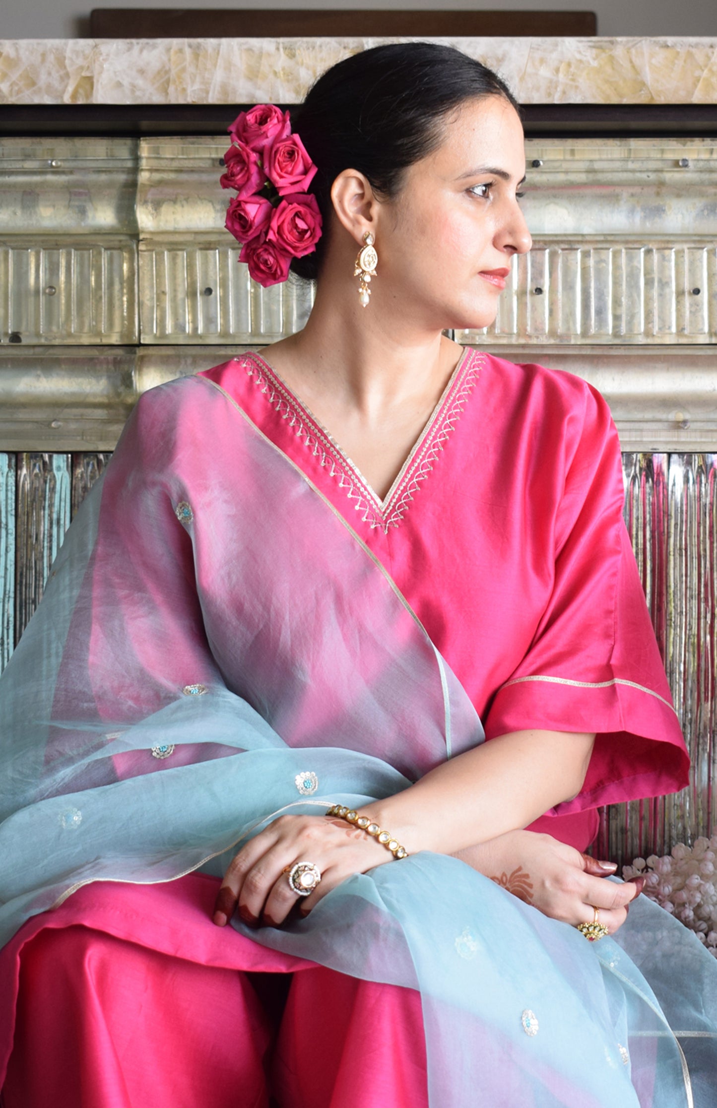 Rohini Chanderi Set with Sea Green Silk Organza Dupatta