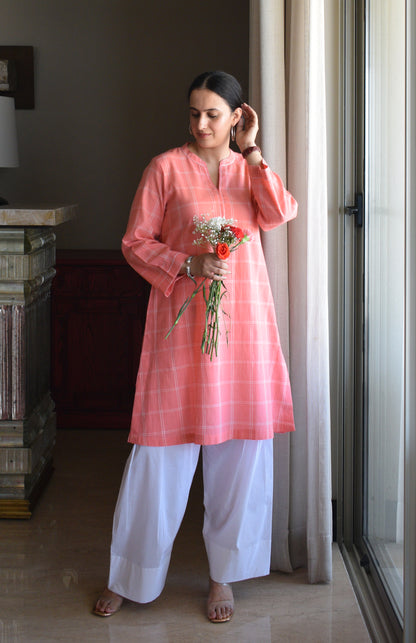 Pink and White Short Kurta in Handwoven Cotton Checks
