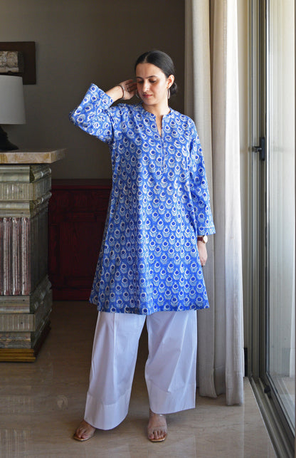Blue Hand Block Printed Short Kurta